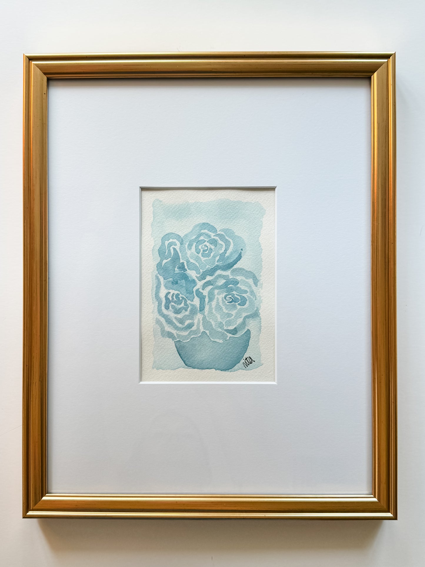 Original Framed Blue Floral and Vases Watercolor Set