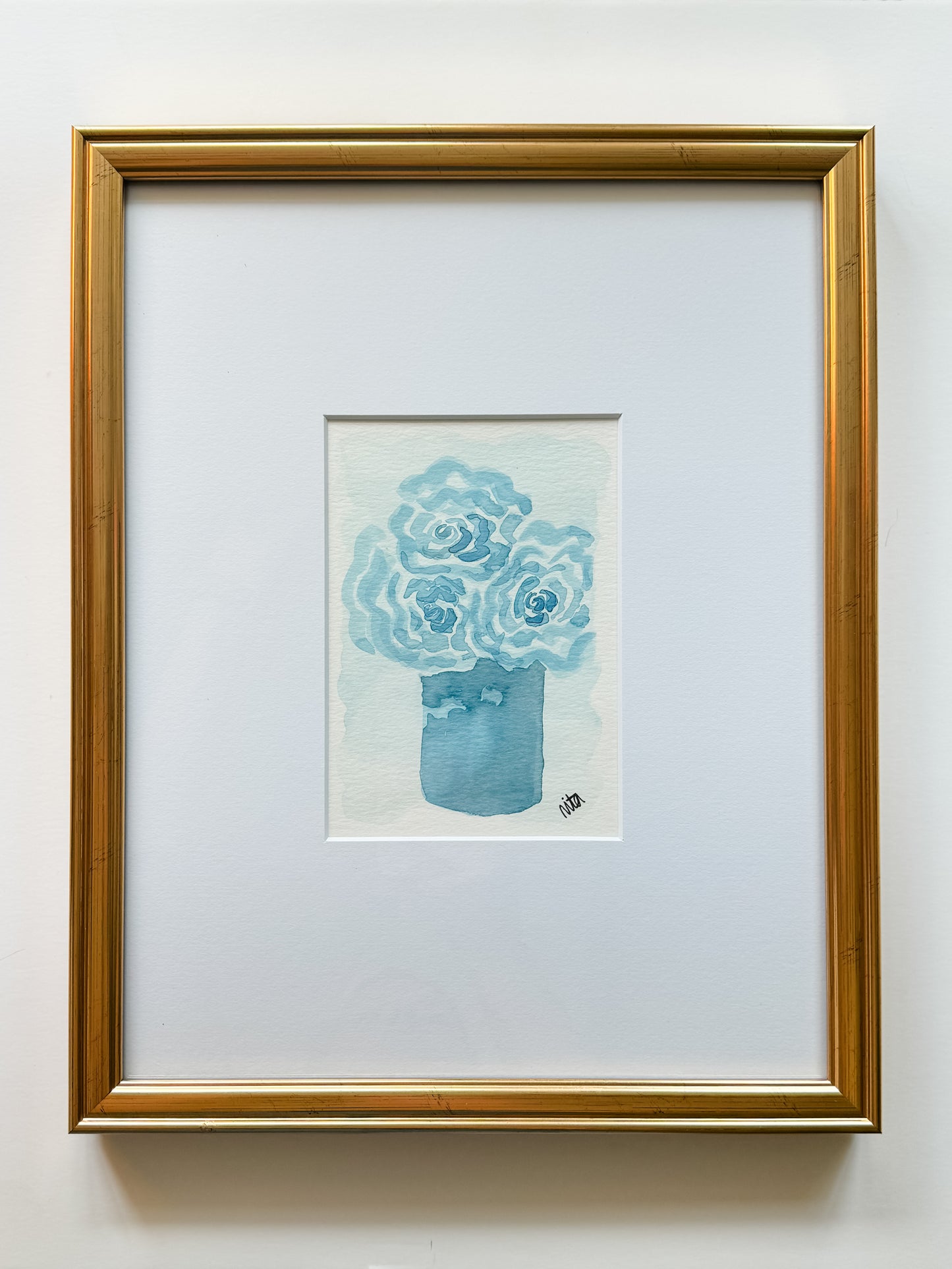 Original Framed Blue Floral and Vases Watercolor Set