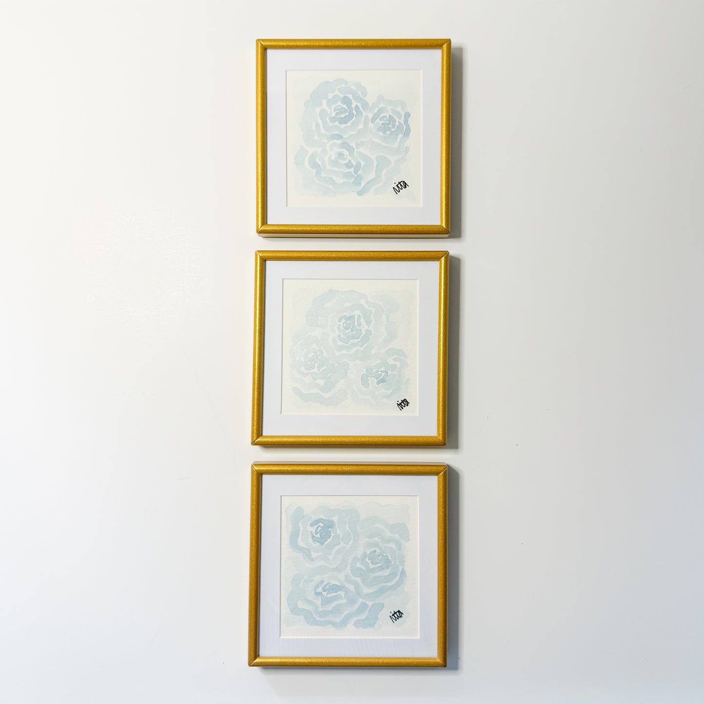 Original Framed Blue Floral Watercolor Trio